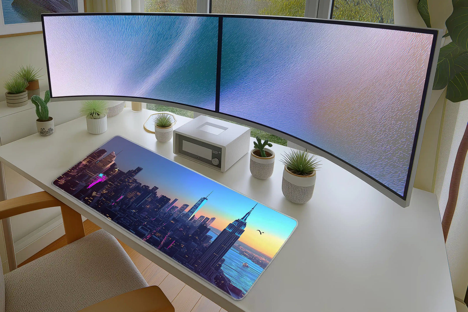 Neon New York Cityscape Mousepad – Futuristic Skyline at Dusk