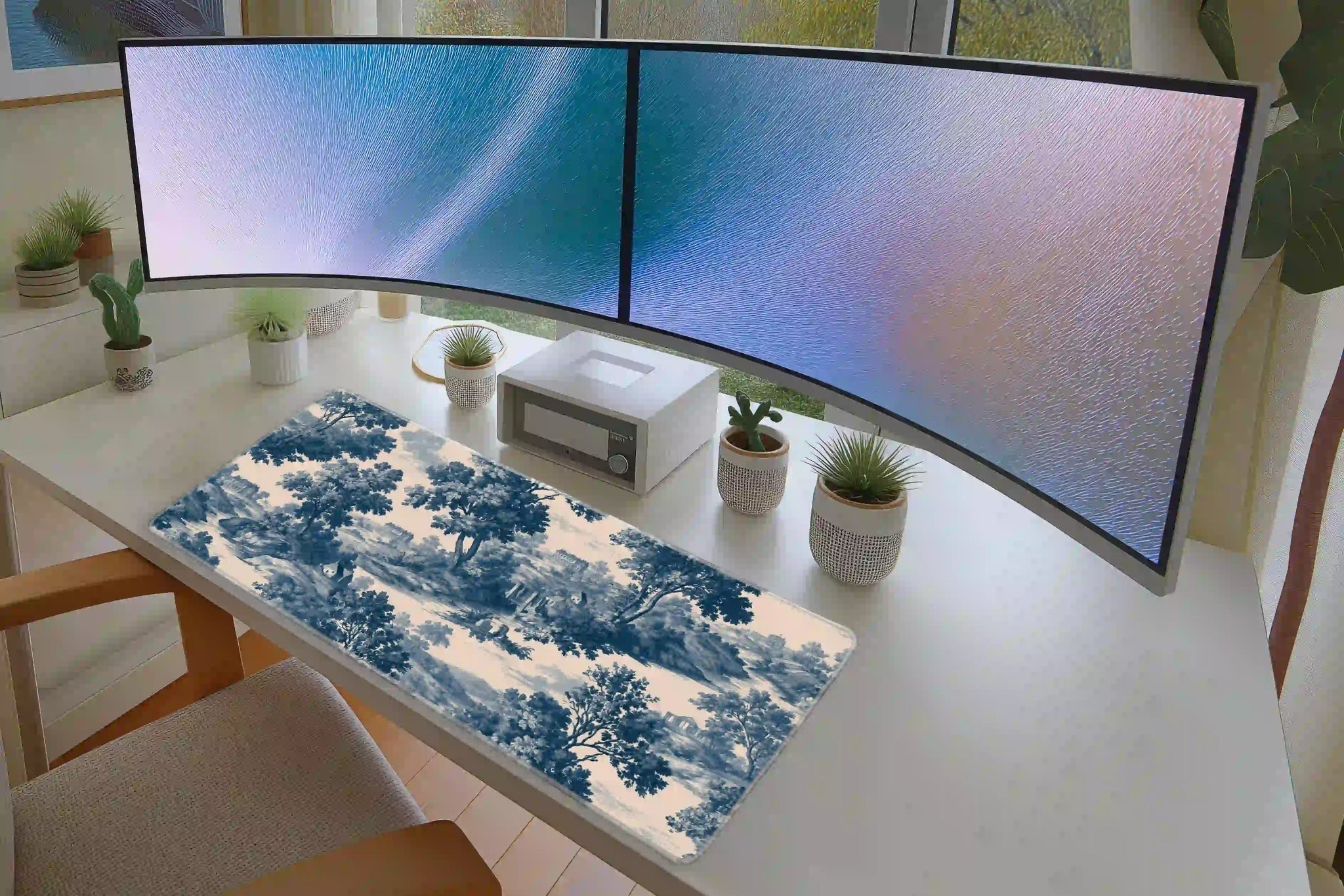 Blue Toile de Jouy extended mouse pad completing a home office desk setup