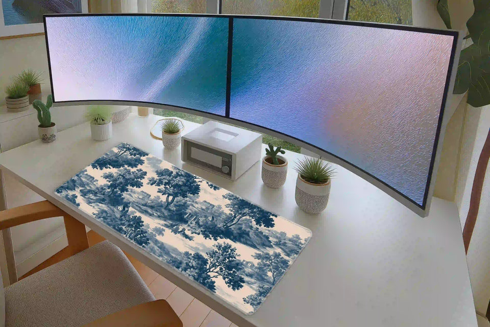 Blue Toile de Jouy extended mouse pad completing a home office desk setup
