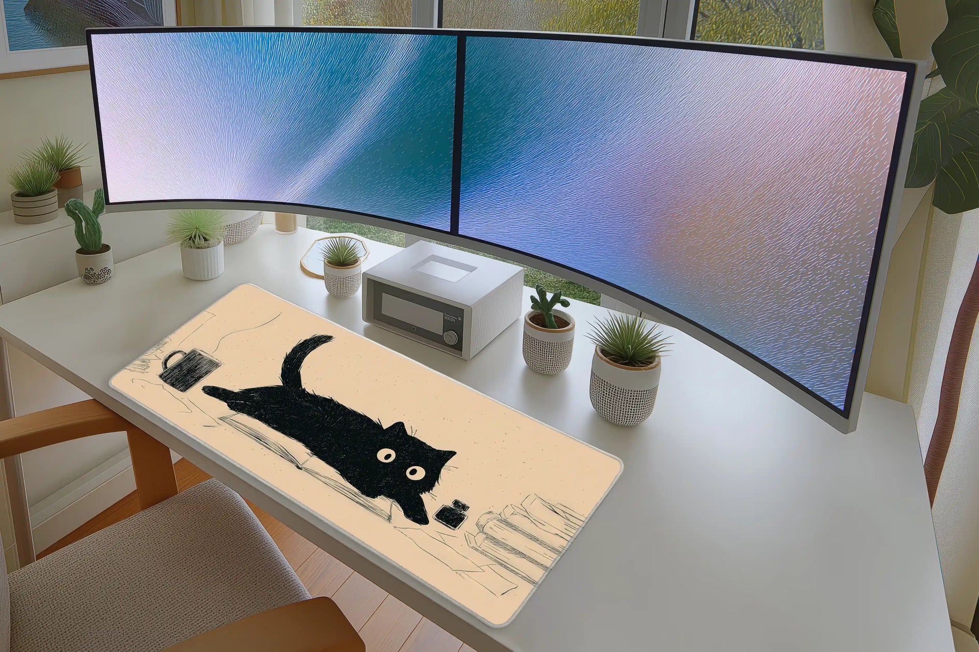Black Cat Study Minimal Book Lover mouse pad showing stitched edge detail
