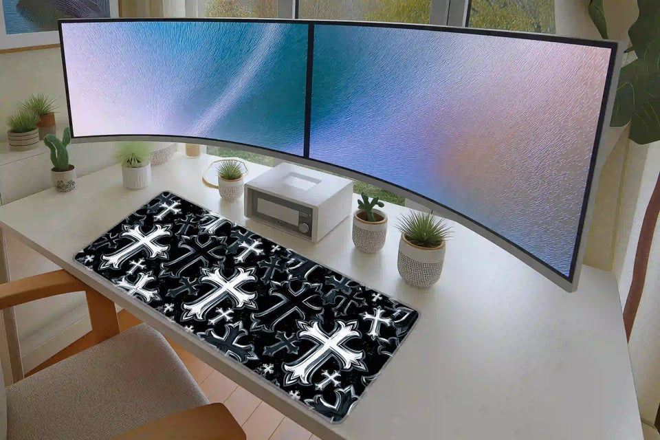 Black and white gothic cross pattern mouse pad in a full student or gaming desk setup
