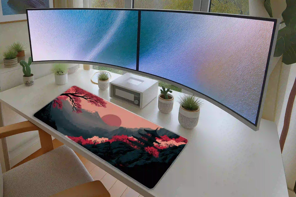Full keyboard and mouse workspace using the Mount Fuji Pagoda desk mat