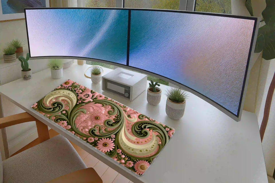 Pink Green Floral Paisley Vintage Pattern Desk Mat