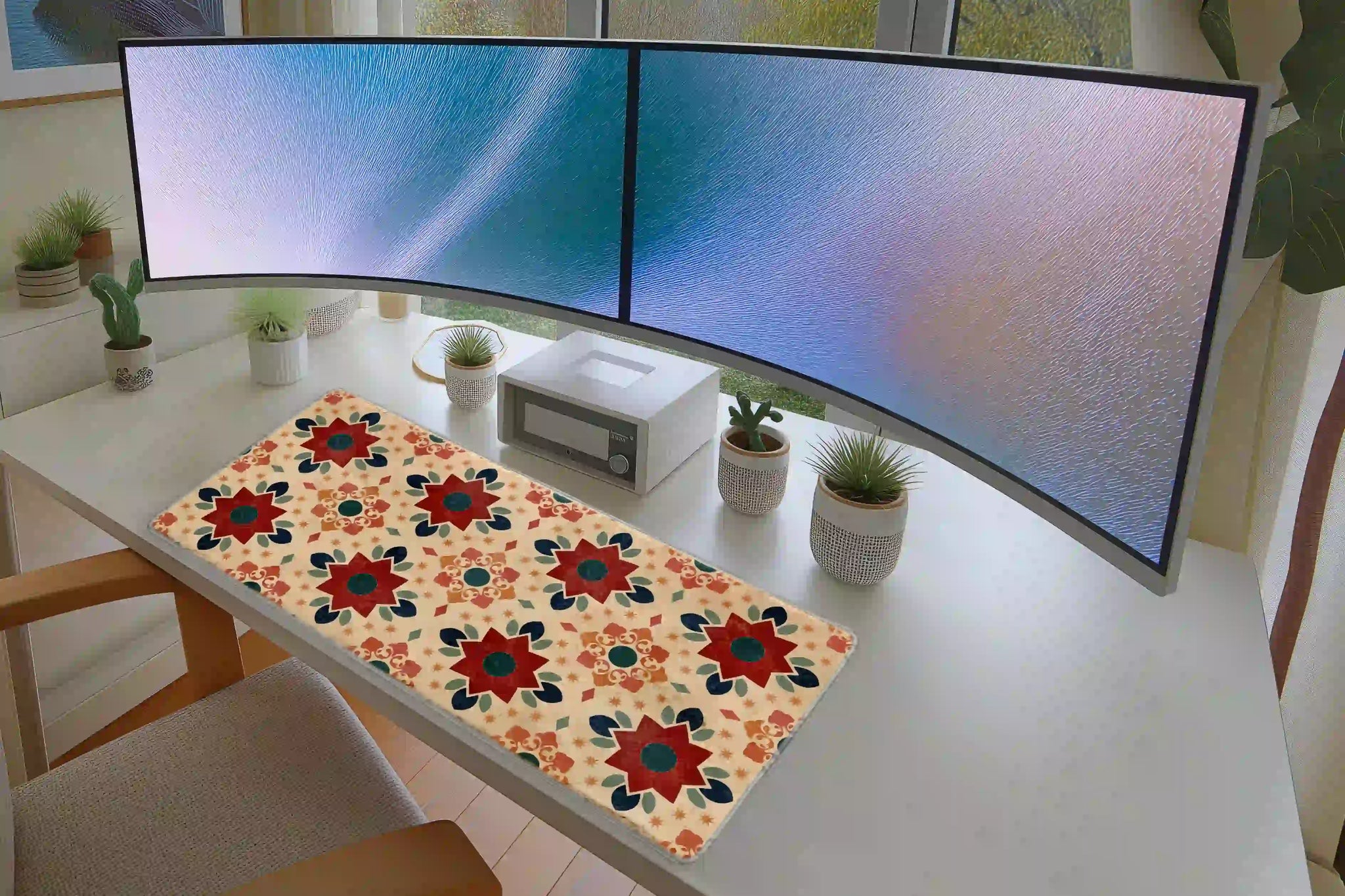 Retro Floral Tile desk mat in a full desk setup with a keyboard and mouse layout