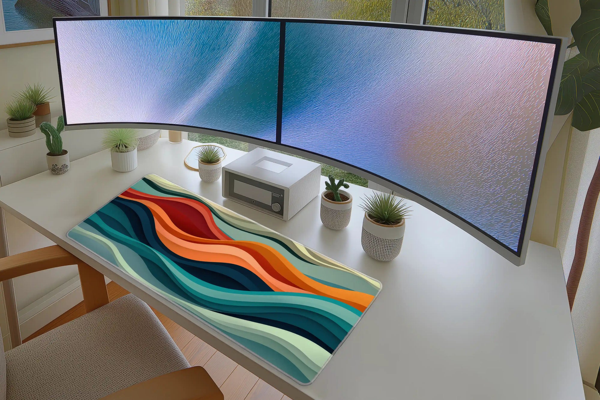 Retro Layered Waves desk mat wide surface for a keyboard and mouse layout