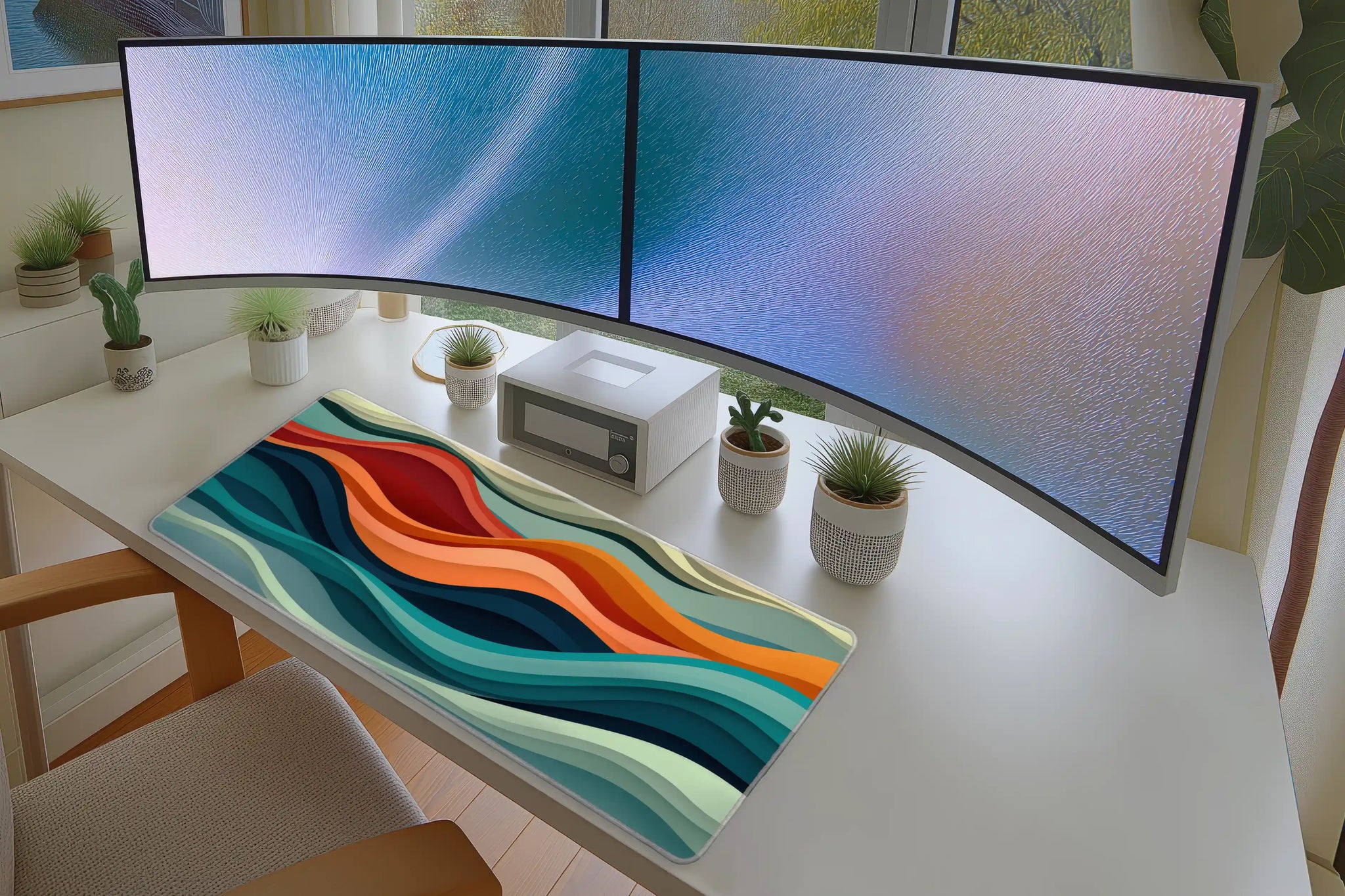 Retro Layered Waves desk mat wide surface for a keyboard and mouse layout