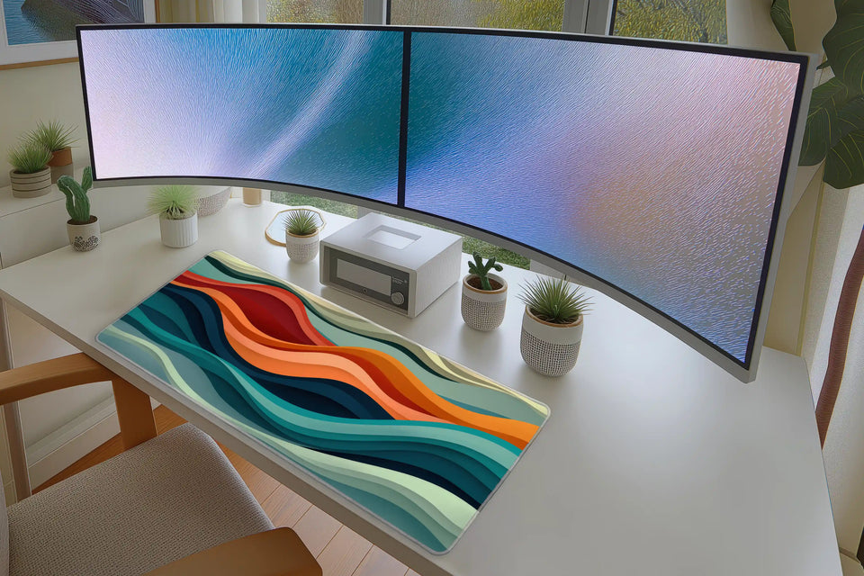 Retro Layered Waves – Abstract Landscape desk mat artwork and product view
