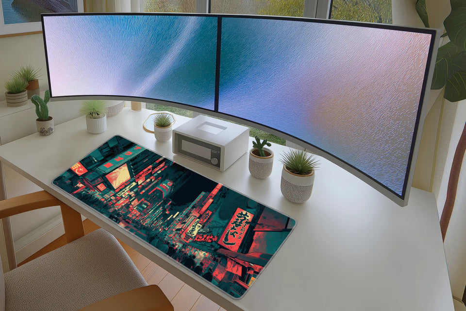 Neon Tokyo Street Desk Mat | Cyberpunk Mouse Pad in a full desk setup with keyboard, mouse, and office accessories
