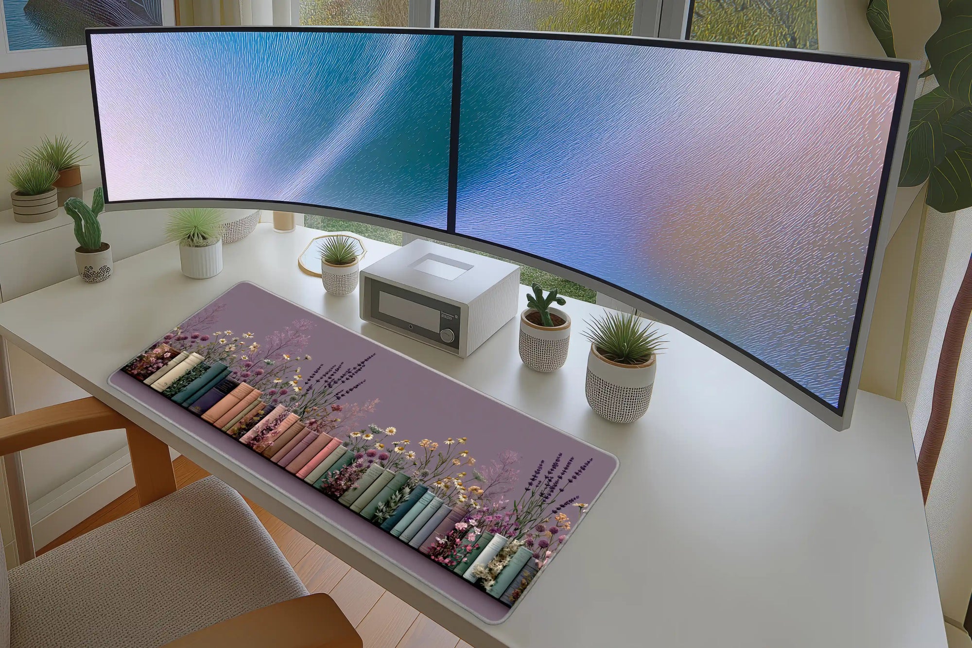 Lifestyle desk mockup of Wildflower Bookshelf Desk Mat | Lavender Daisies with keyboard and mouse layout
