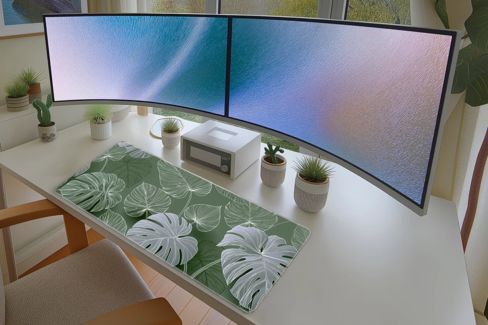 Monstera Leaf Desk Mat | Green Botanical Mouse Pad in a full desk setup with keyboard, mouse, and office accessories