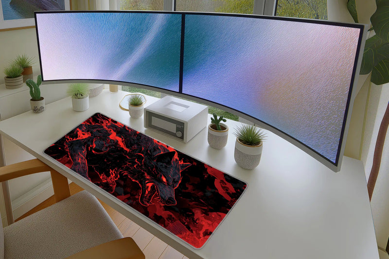 Fiery Wolf – Bold Red and Black Beast Art desk mat artwork and product view