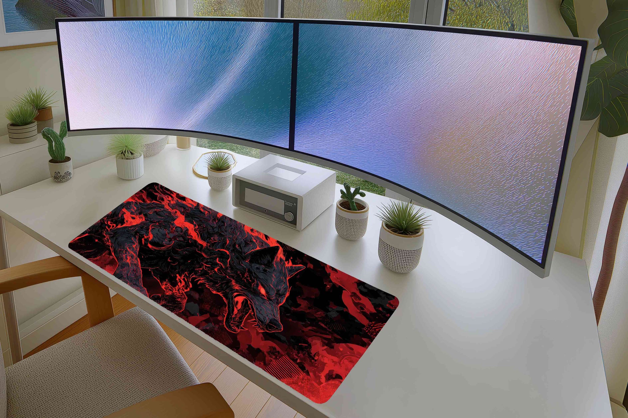 Fiery Wolf Gaming Mousepad – Bold Red and Black Beast Art
