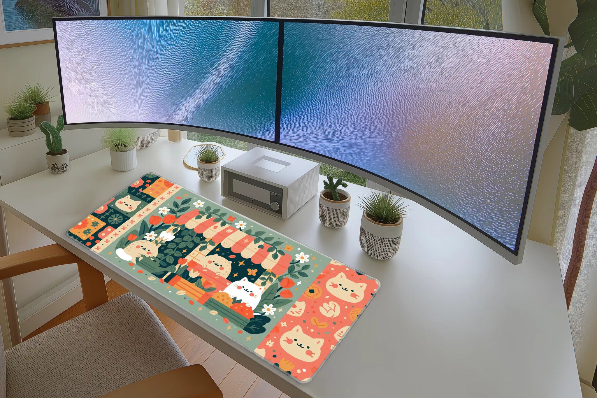 Cute Cat Flower Shop Patchwork Garden mouse pad showing stitched edge detail