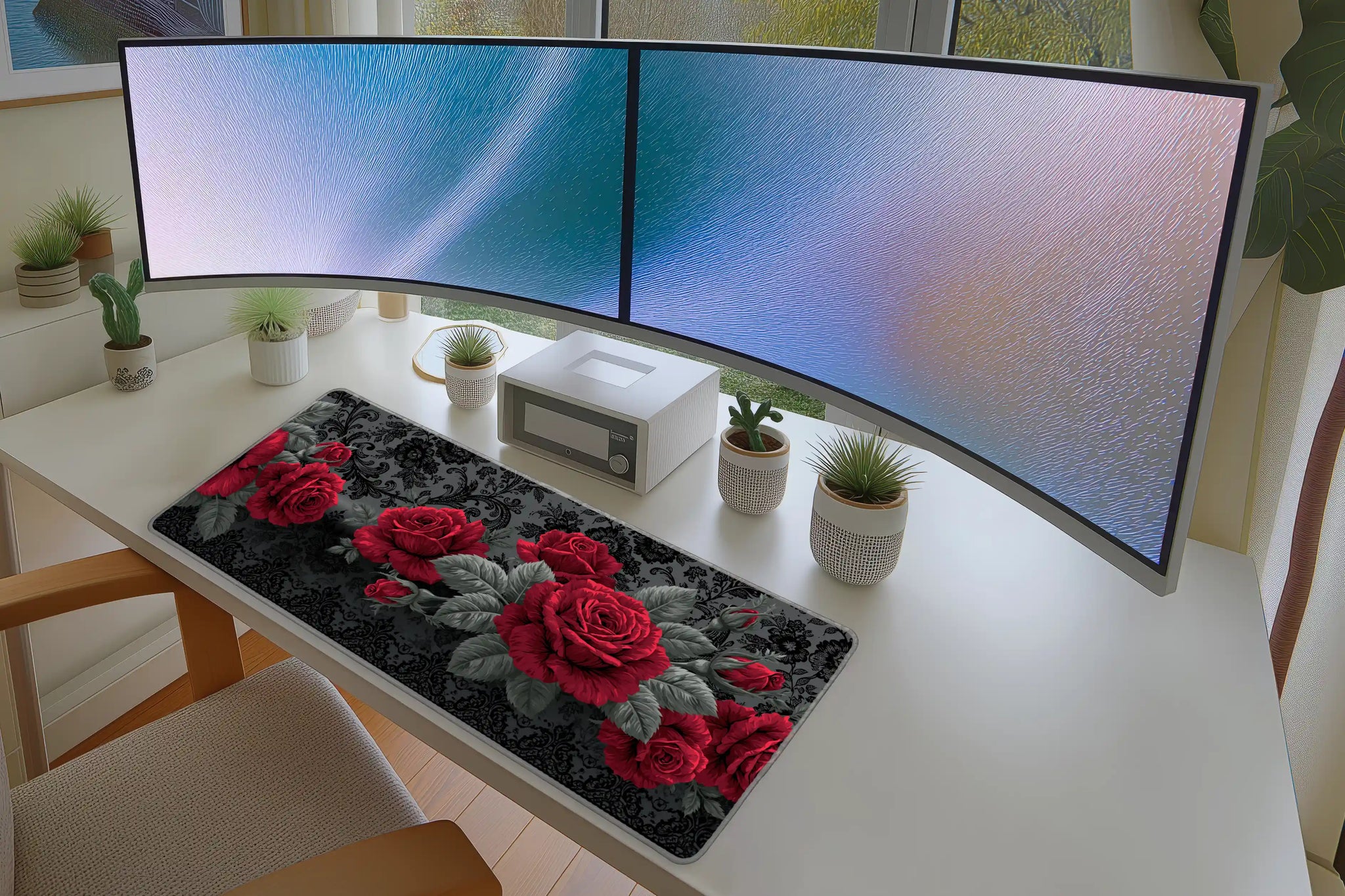 Red Rose Gothic Dark Floral Pattern mouse pad showing stitched edge detail