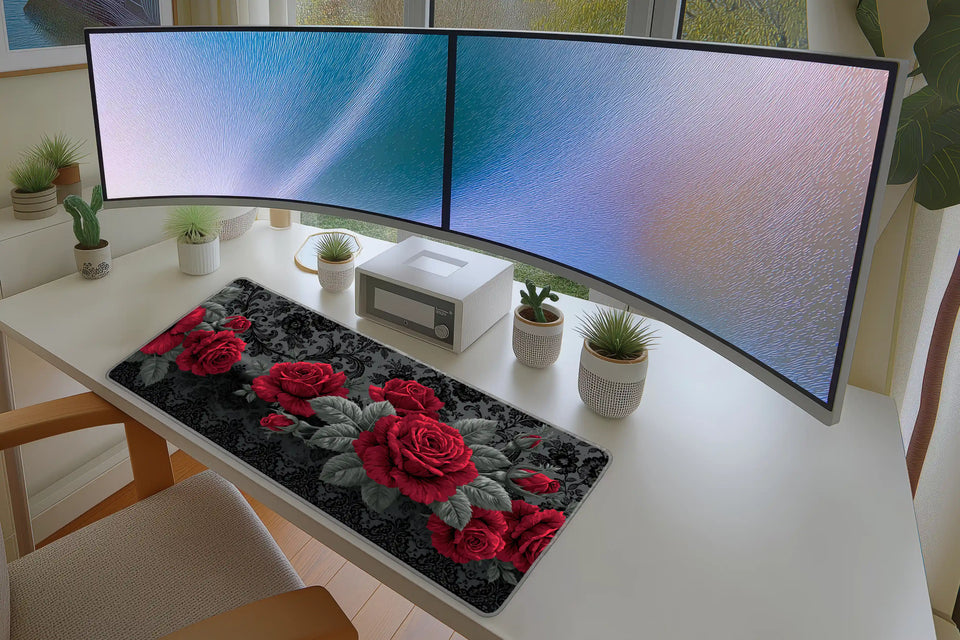 Red Rose Gothic Dark Floral Pattern mouse pad showing stitched edge detail