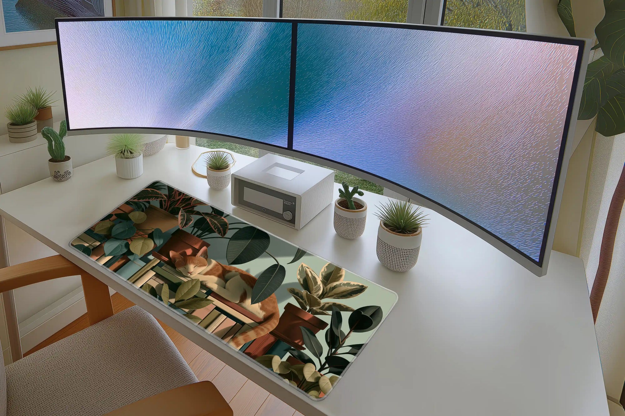 Cat in Houseplants Desk Mat | Botanical Mouse Pad in a full desk setup with keyboard, mouse, and office accessories