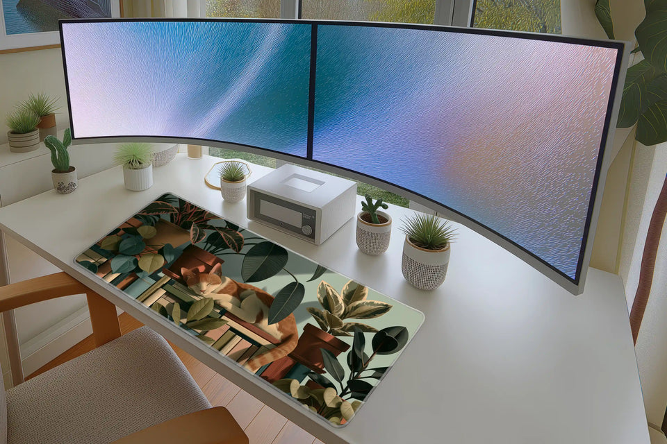 Cat in Houseplants Desk Mat | Botanical Mouse Pad in a full desk setup with keyboard, mouse, and office accessories