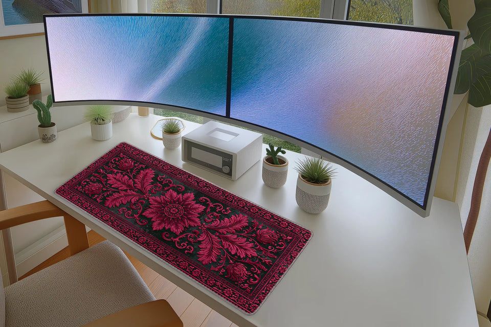 Crimson Ornate Floral Dark Vintage mouse pad showing stitched edge detail