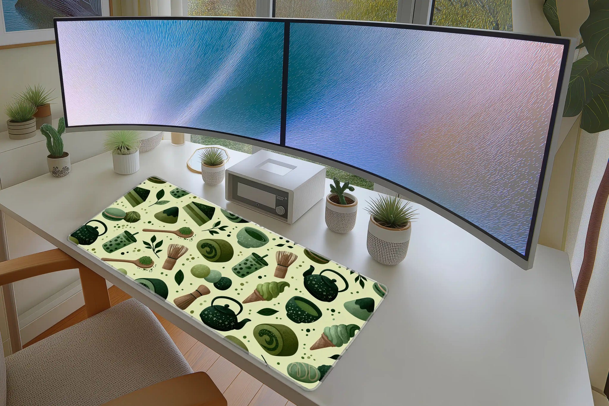Matcha Tea Pattern Desk Mat | Green Cafe Mouse Pad in a full desk setup with keyboard, mouse, and office accessories