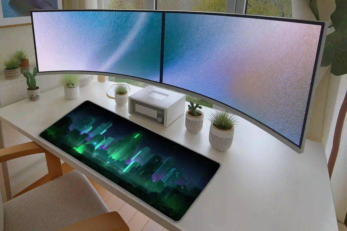 Neon futuristic city desk mat beneath curved monitors on a white desk, with emerald and teal skyline artwork visible