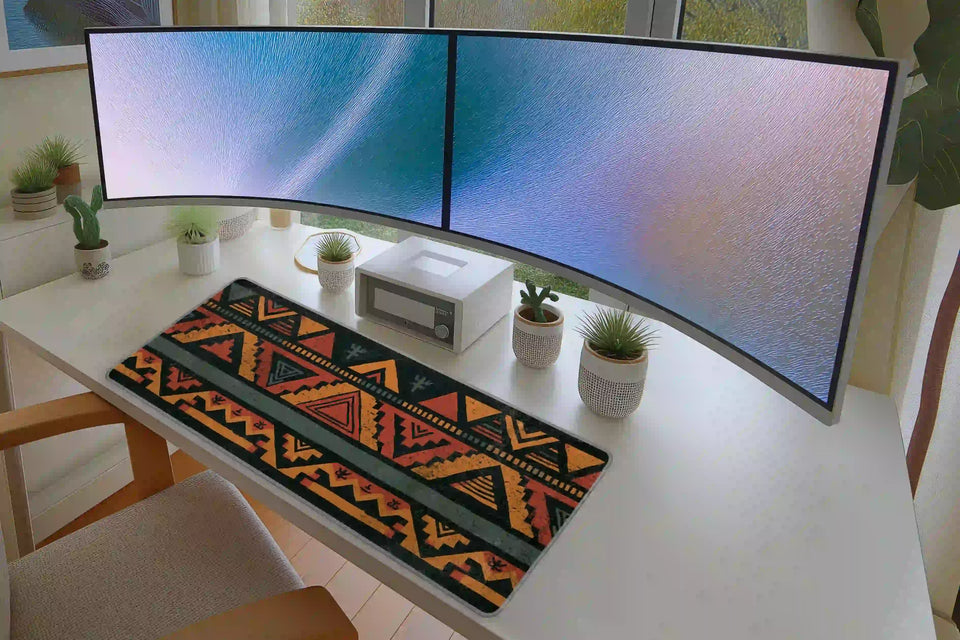 Mudcloth Geometric desk mat in a full desk setup with a keyboard and mouse layout