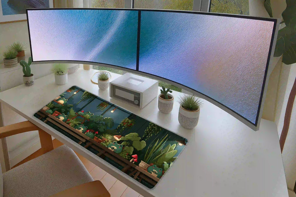 Full desk setup with the cozy frog greenhouse plants mat beneath a keyboard and mouse