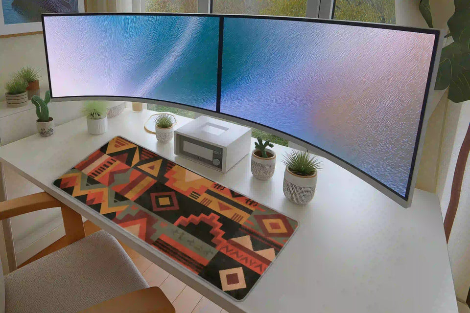 Southwestern Geometric desk mat in a full desk setup with a keyboard and mouse layout