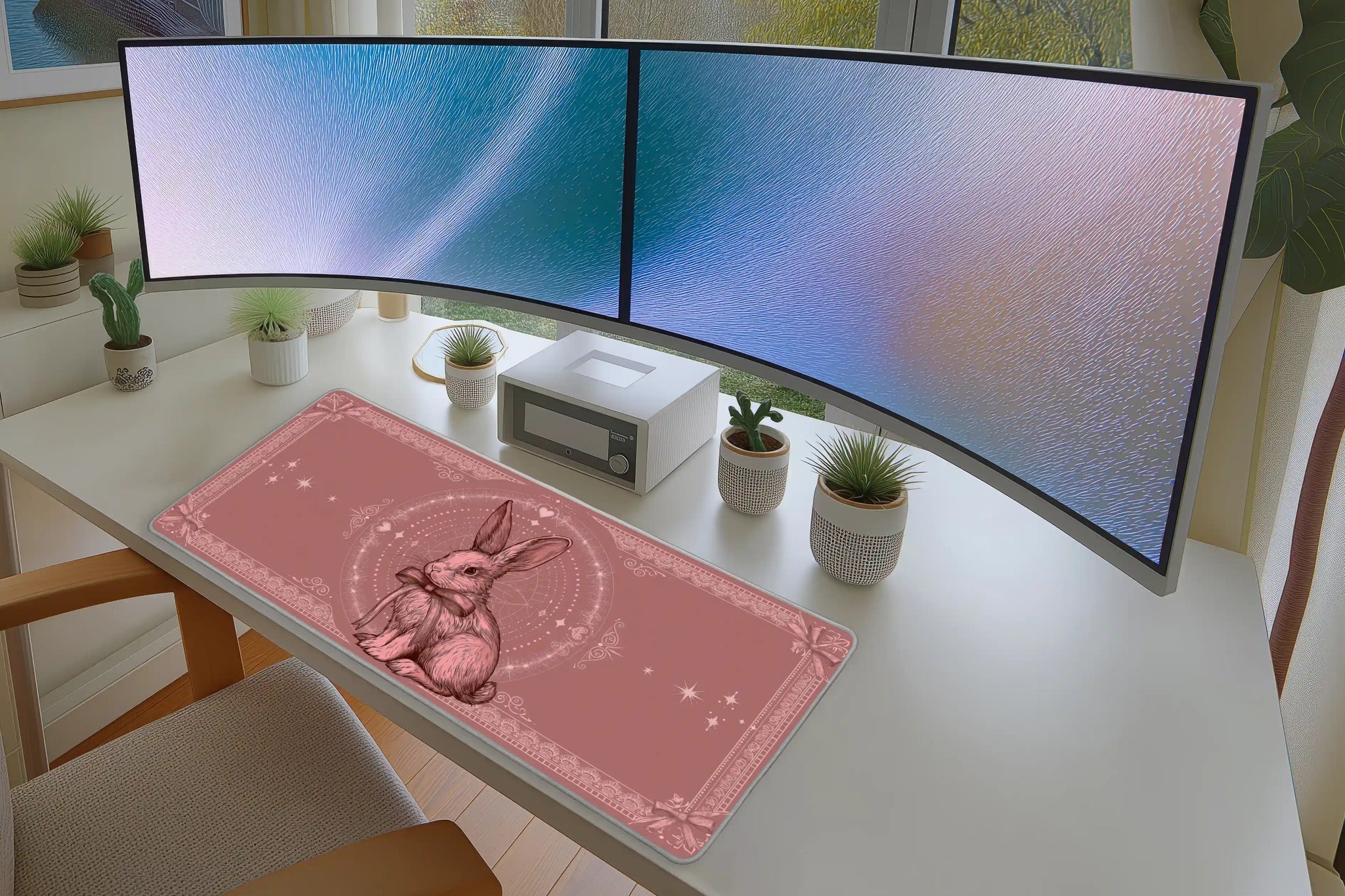 Pink Bunny Ribbon Coquette Rabbit mouse pad showing stitched edge detail