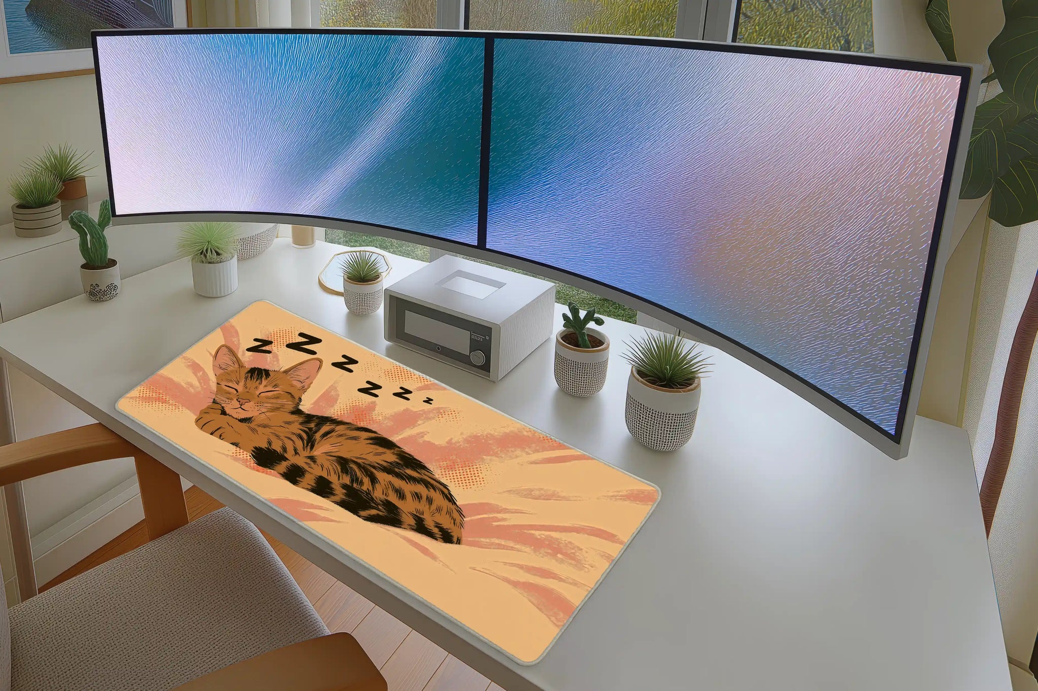 Sleeping Orange Tabby Desk Mat | Cozy Cat Mouse Pad in a full desk setup with keyboard, mouse, and office accessories