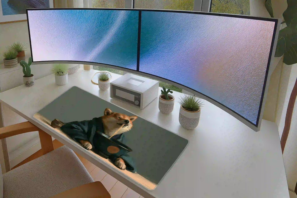 Shiba Inu ramen noodles desk mat arranged in a keyboard and mouse gaming layout