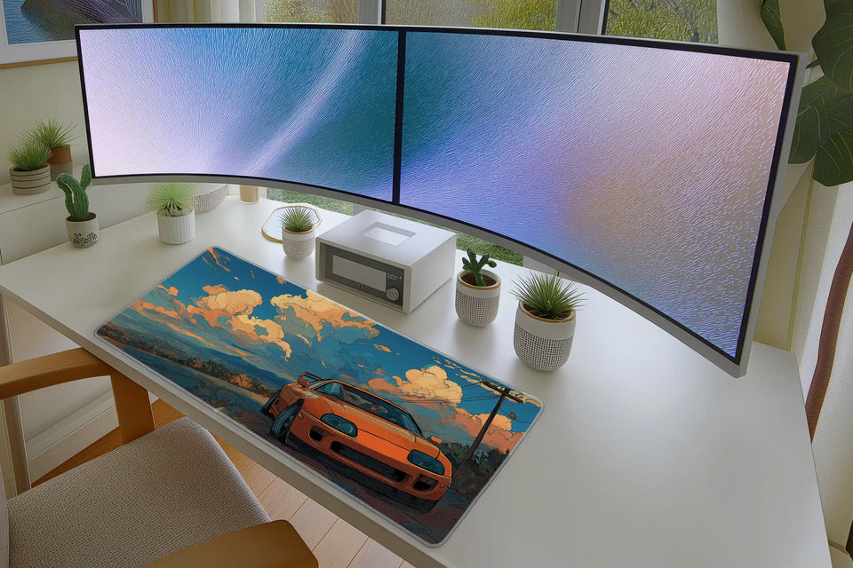 JDM Sunset Drive Mousepad – Vibrant Orange Sports Car Art