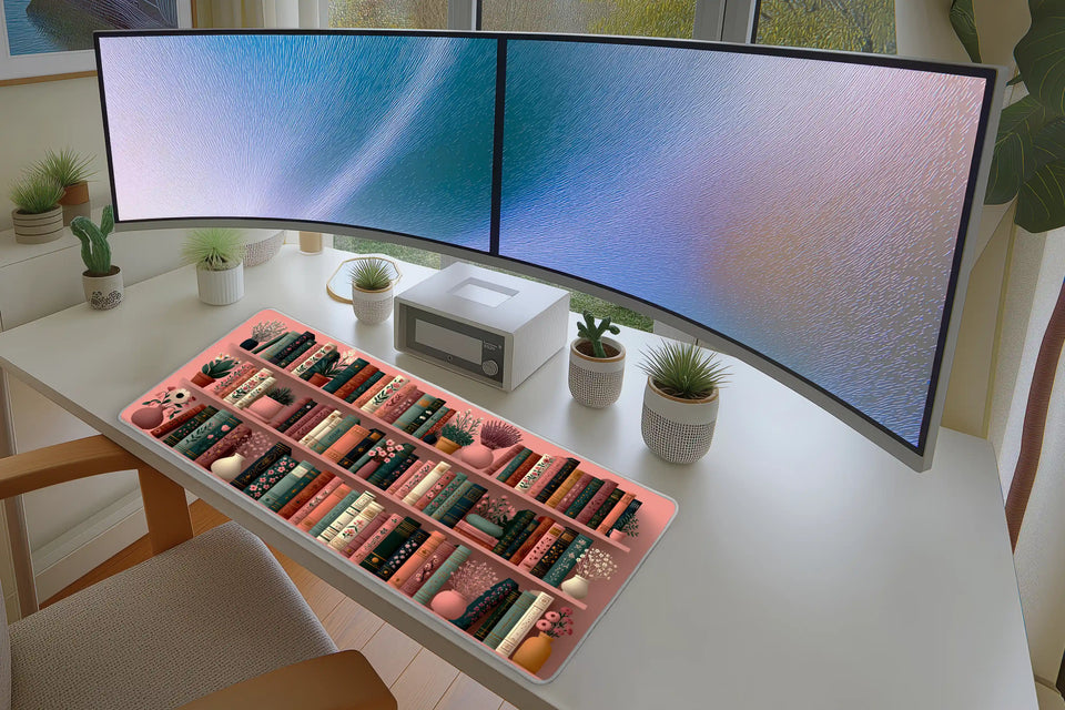 Lifestyle desk mockup of Pink Floral Bookshelf Desk Mat | Plant Shelf Decor with keyboard and mouse layout