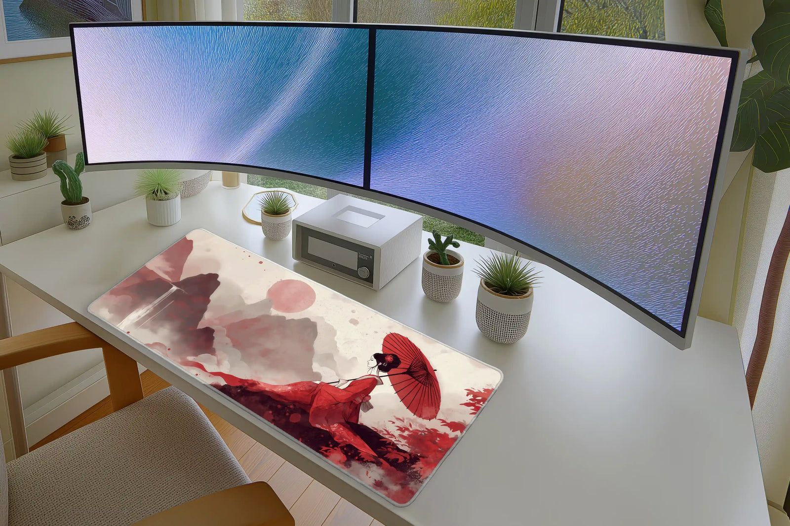 Red Kimono Lady Mousepad – Japanese Art Landscape Desk Mat