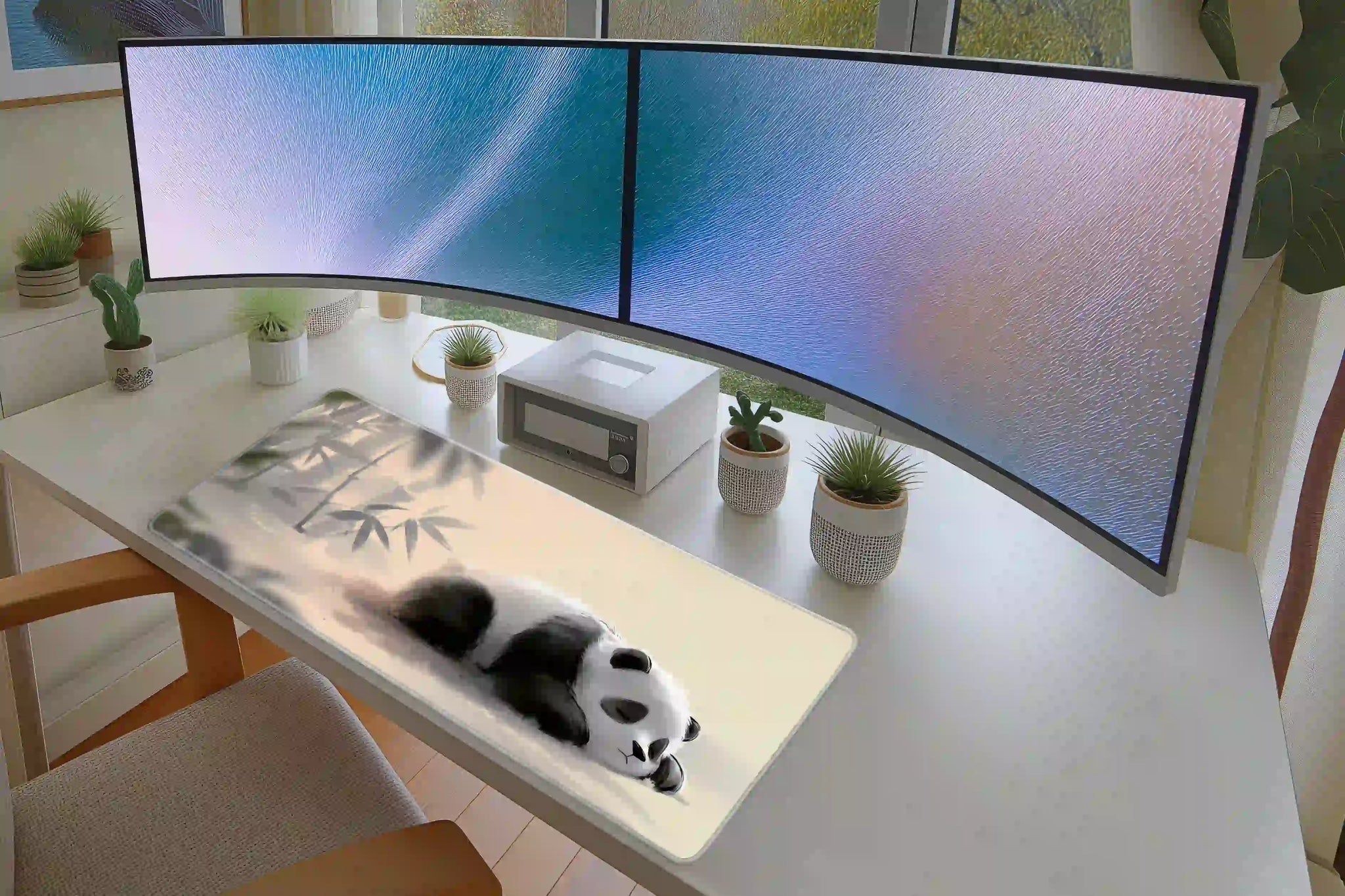 Keyboard and mouse workspace styled with the sleeping panda bamboo watercolor desk mat