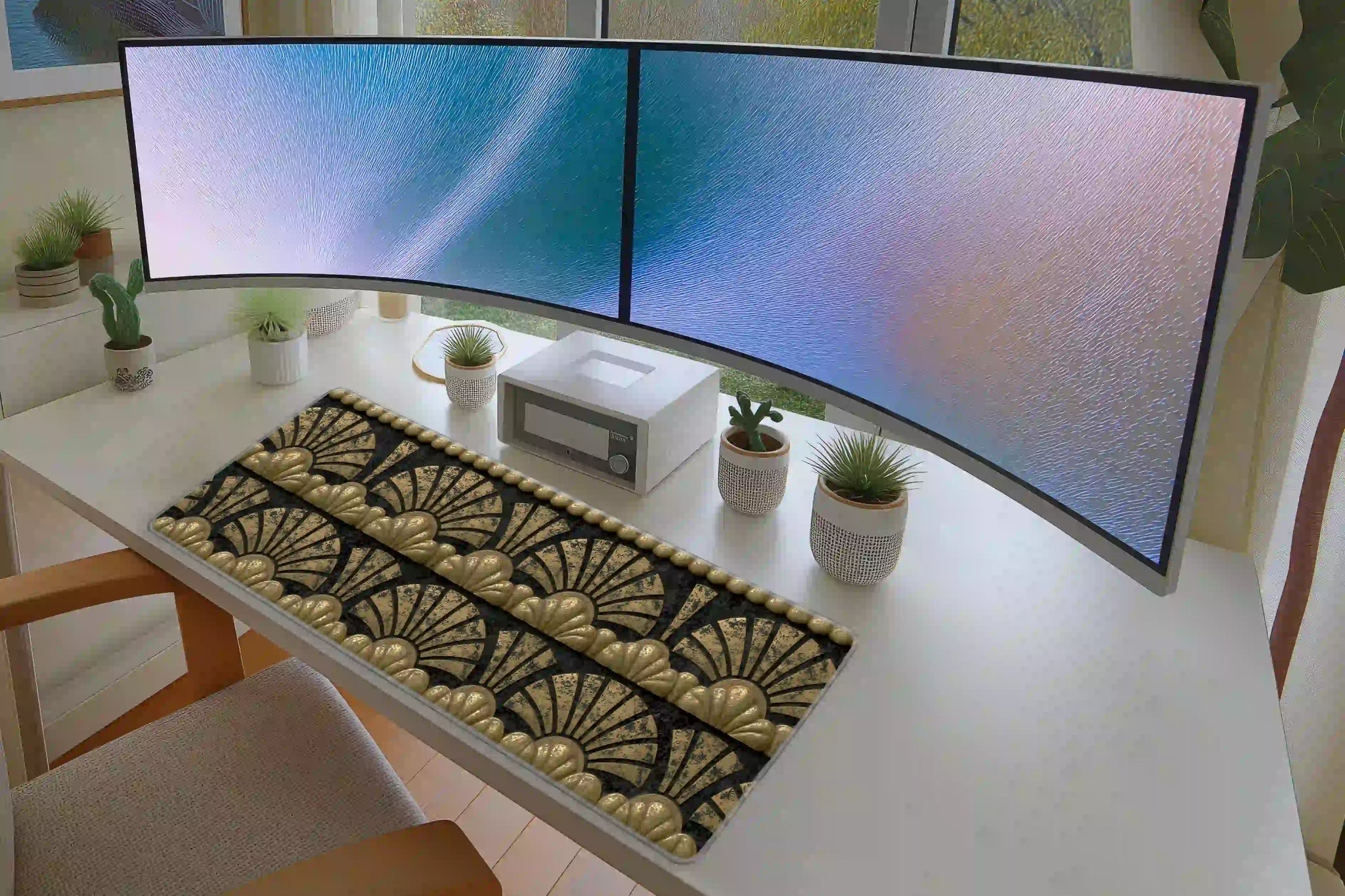 Black and Gold Art Deco Sunburst Pattern Desk Mat