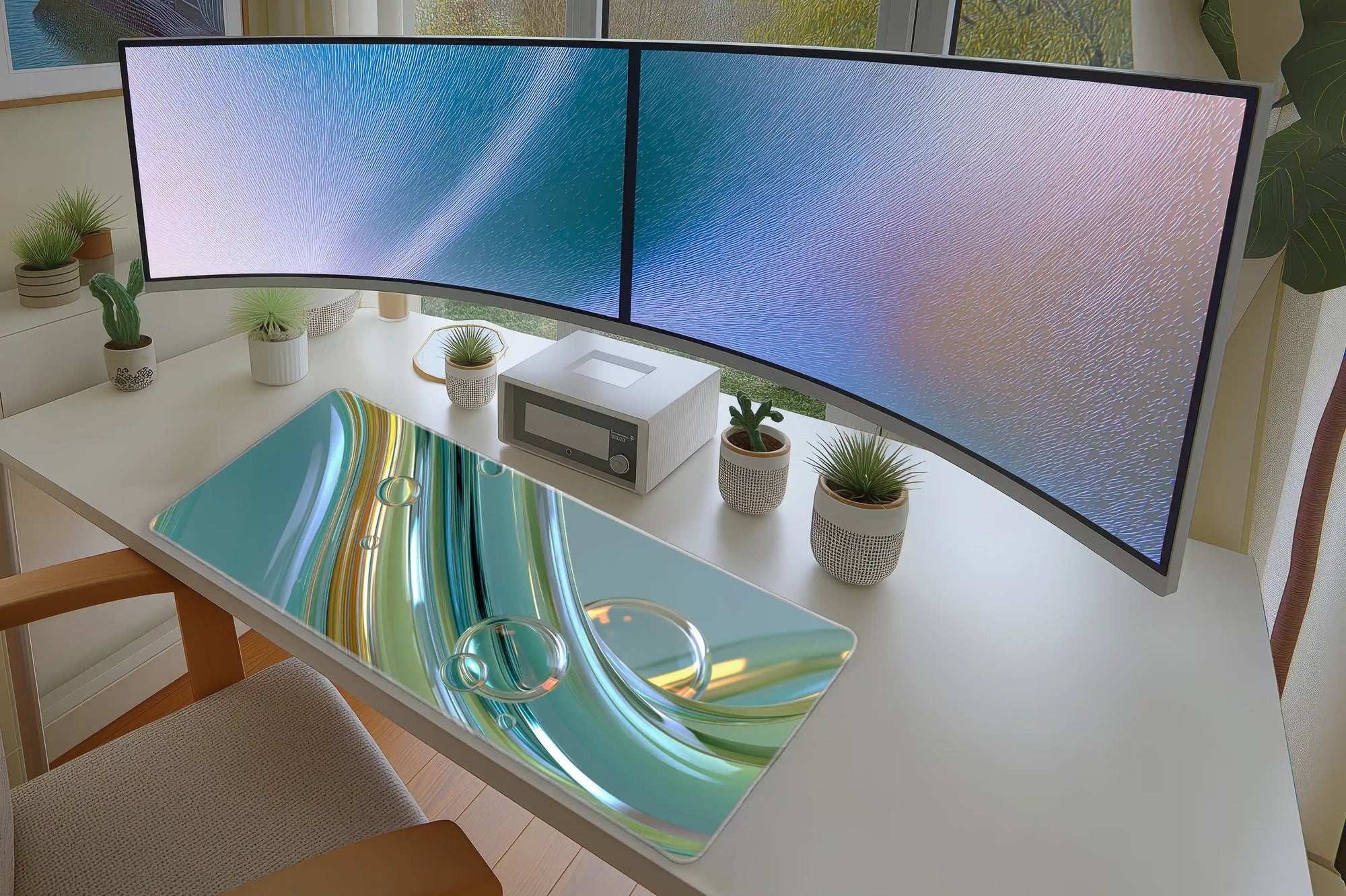 Y2K Bubble Chrome desk mat wide surface for a keyboard and mouse layout