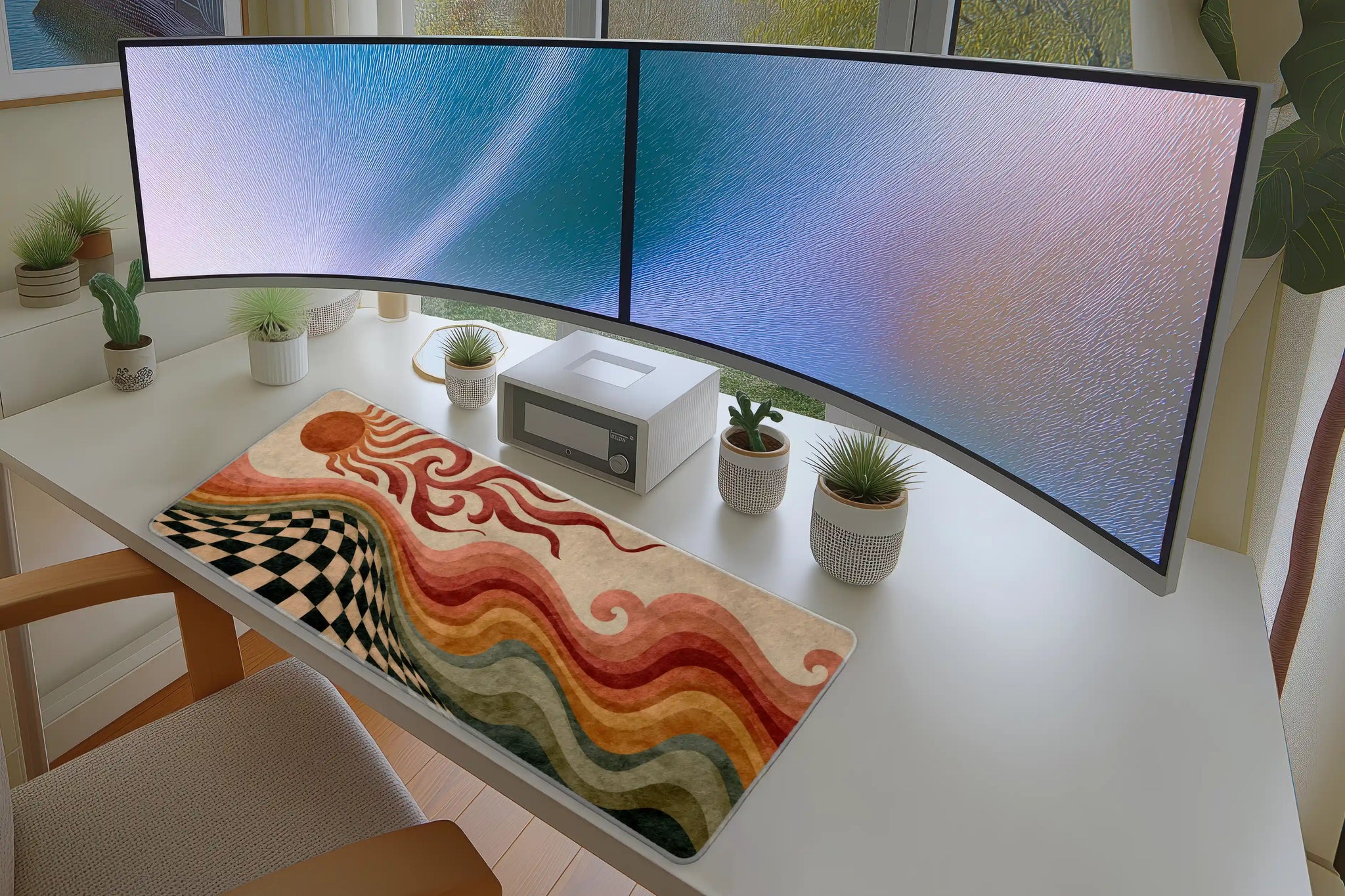 Retro Psychedelic Desert desk mat wide surface for a keyboard and mouse layout