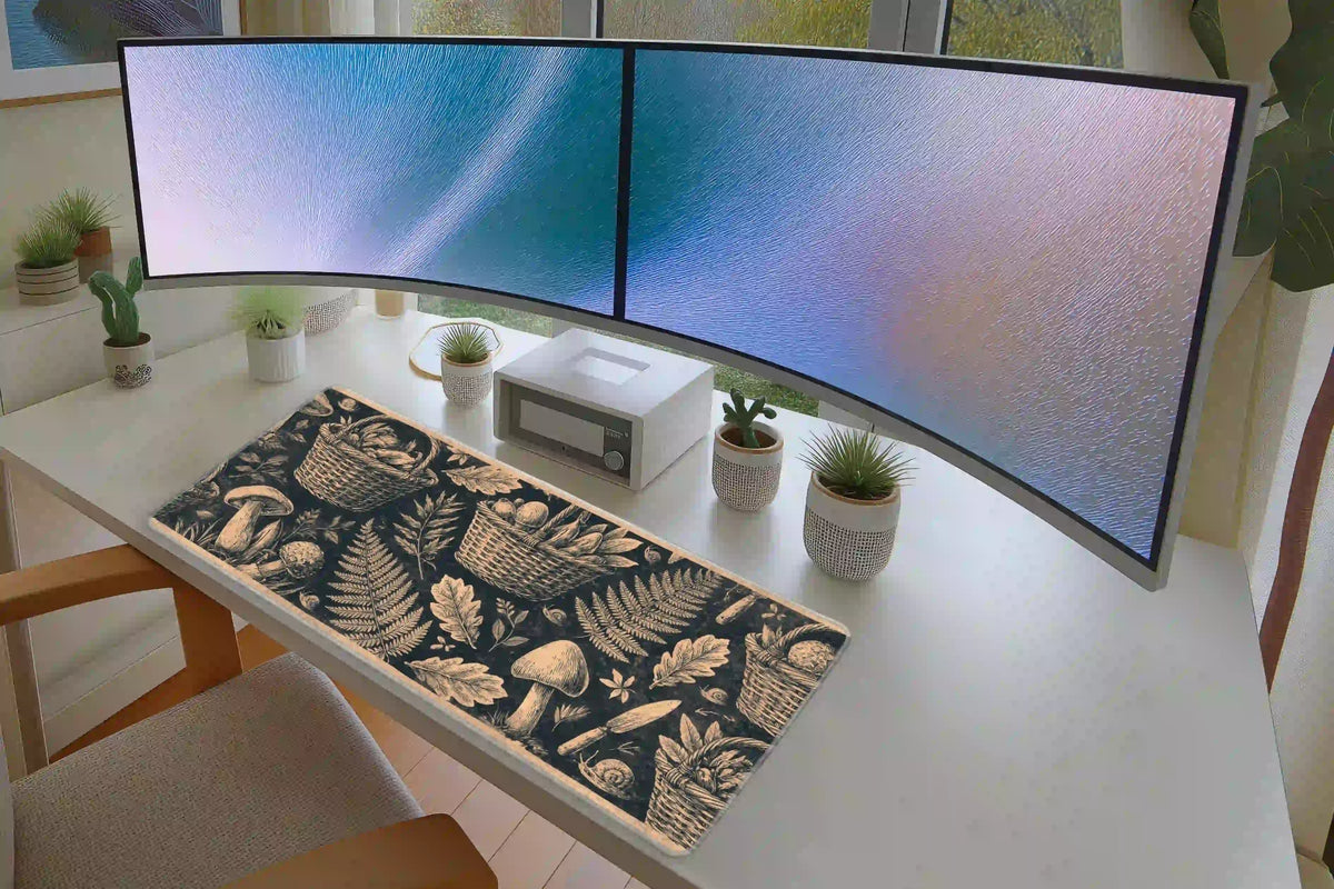 Vintage mushroom foraging mat on a white desk with monitors and plants, showing cream botanical illustrations on charcoal
