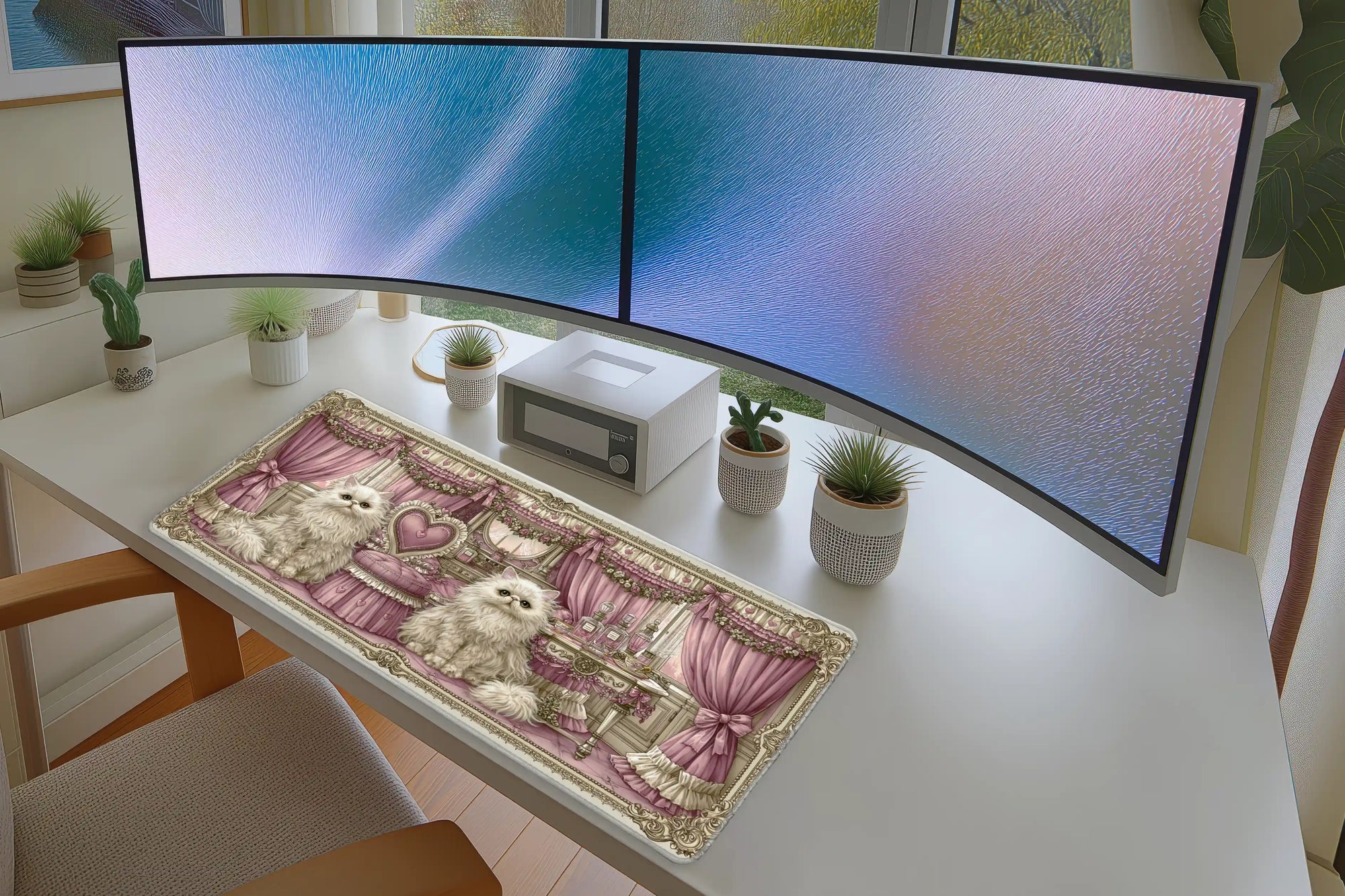 White Persian Cat Pink Coquette mouse pad showing stitched edge detail