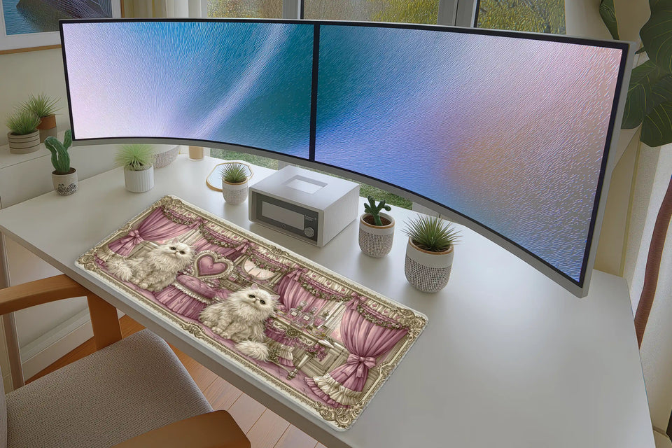 White Persian Cat Pink Coquette mouse pad showing stitched edge detail