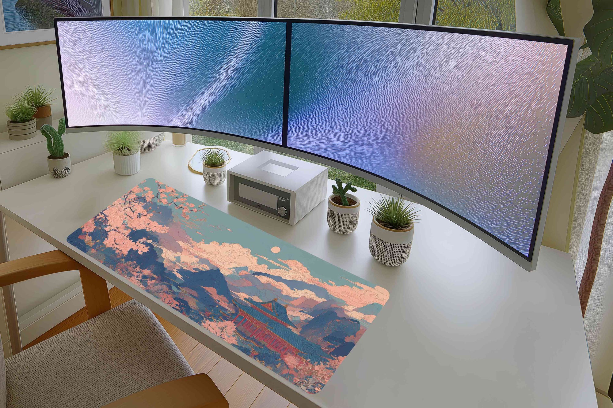 Cherry Blossom Temple Mousepad – Tranquil Pastel Landscape
