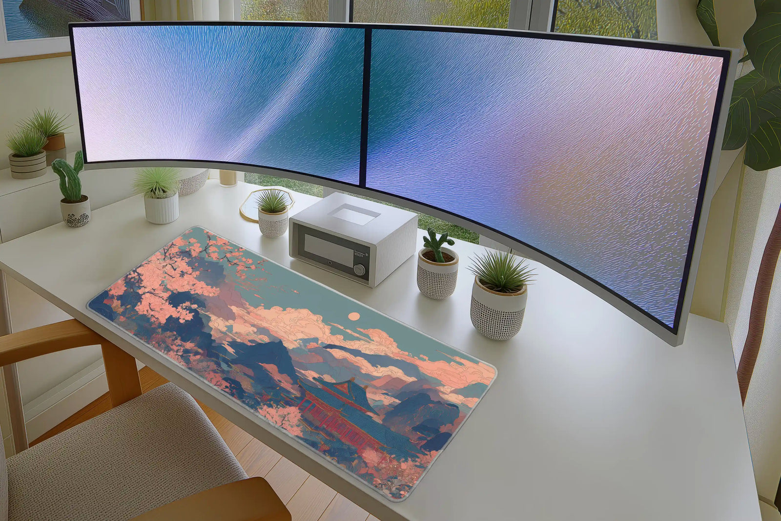 Cherry Blossom Temple Mousepad – Tranquil Pastel Landscape