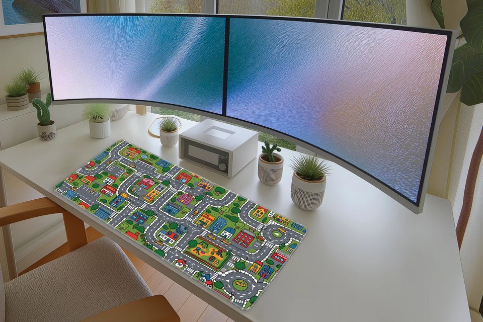 Cute Cartoon City Road Map Desk Mat – Kids Town Playmat Mousepad