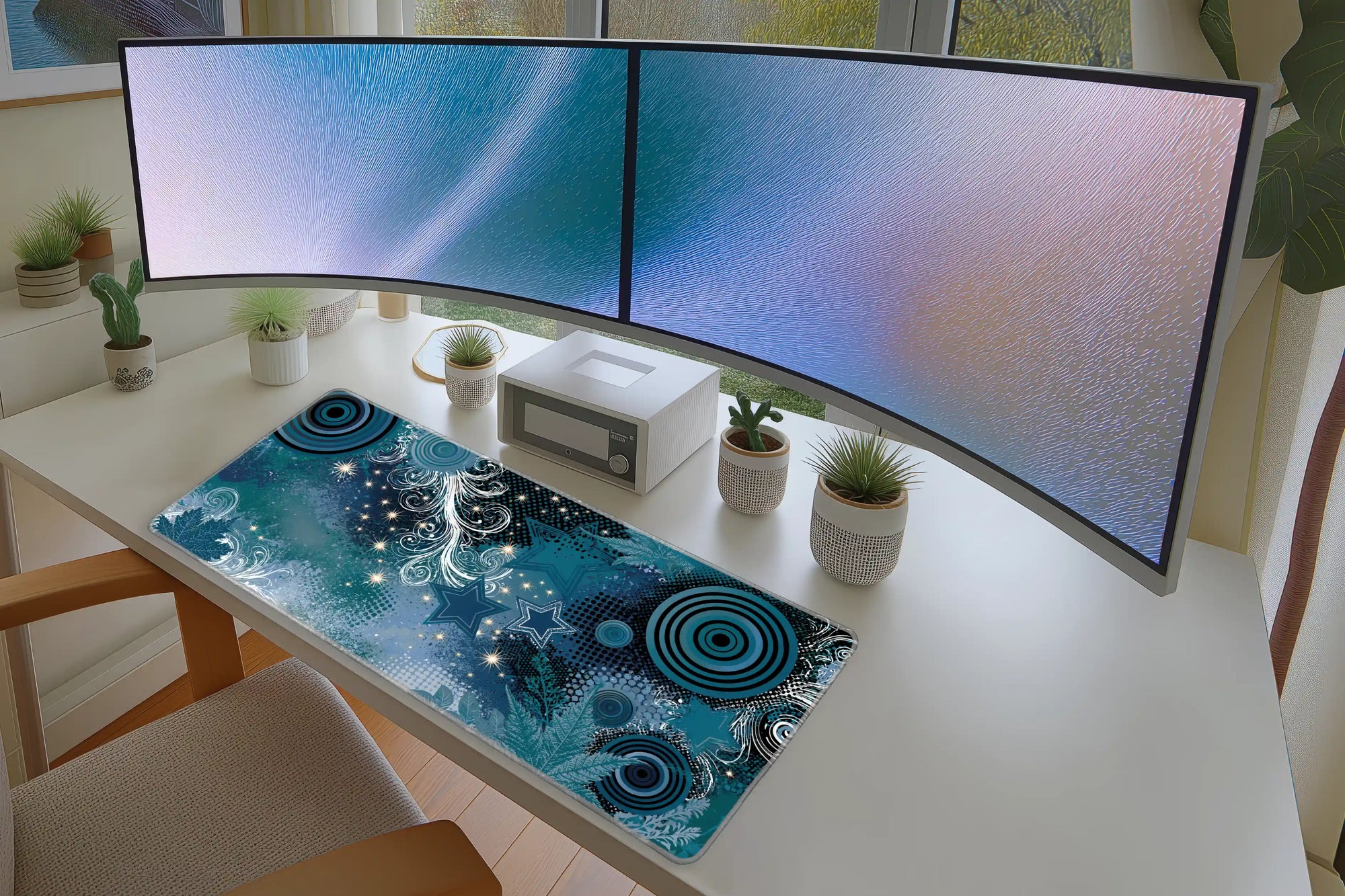 Y2K Blue Starburst desk mat wide surface for a keyboard and mouse layout