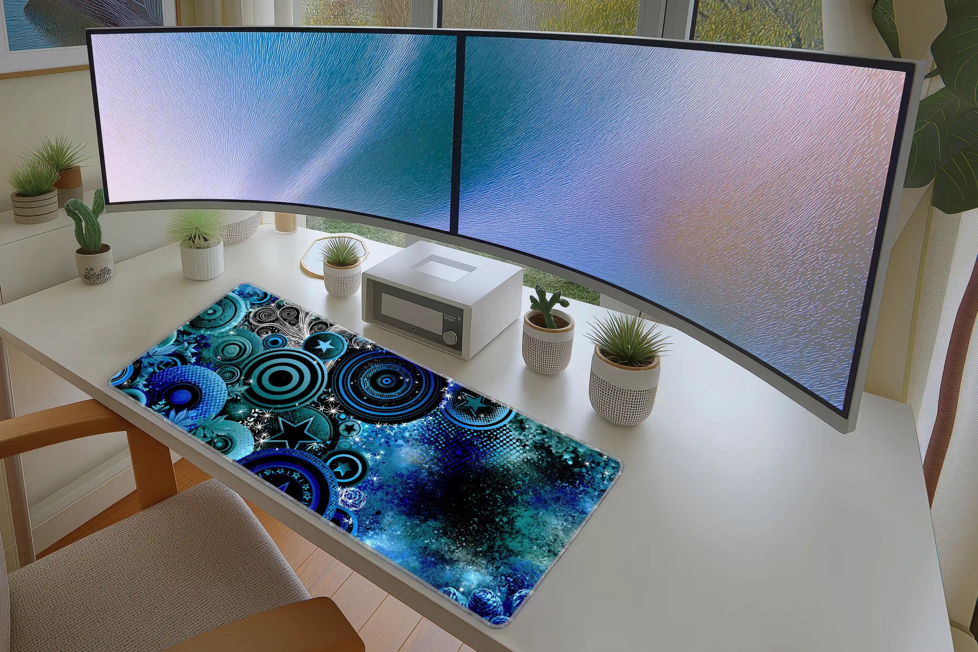 Y2K Blue Pop Art desk mat wide surface for a keyboard and mouse layout