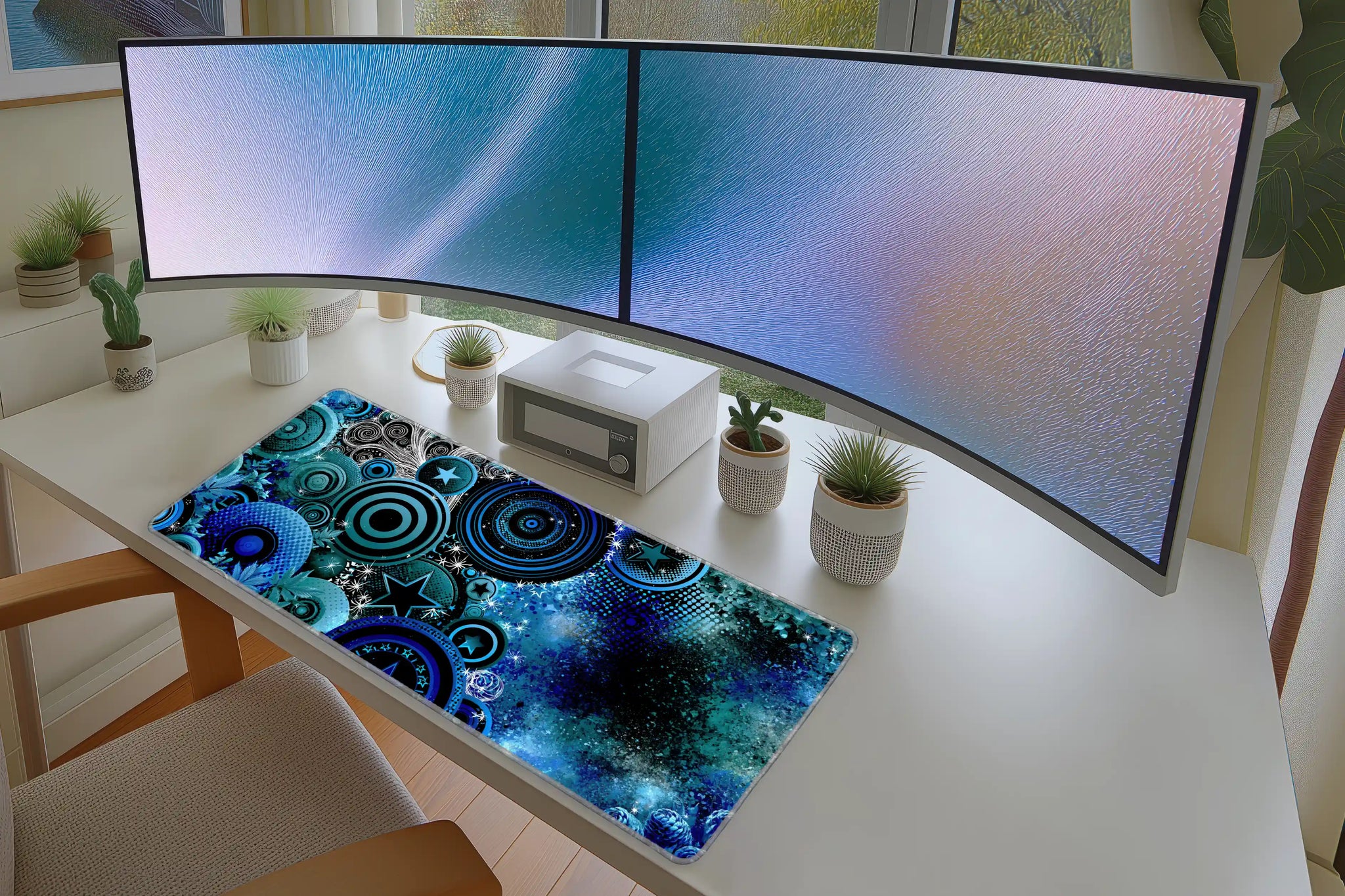 Y2K Blue Pop Art desk mat wide surface for a keyboard and mouse layout