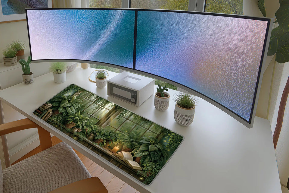Lifestyle desk mockup of Botanical Reading Nook Desk Mat | Open Book with keyboard and mouse layout