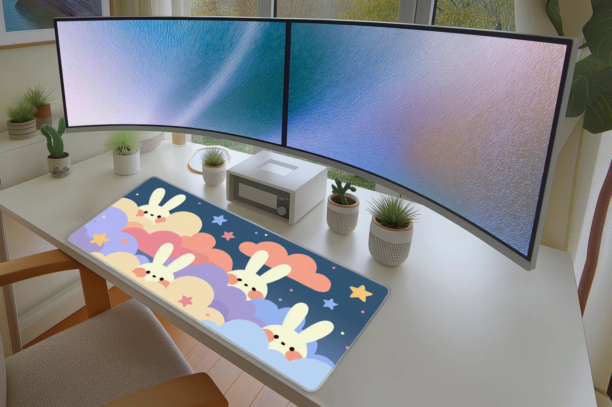 Kawaii Bunny Clouds Pastel Rabbit mouse pad showing stitched edge detail