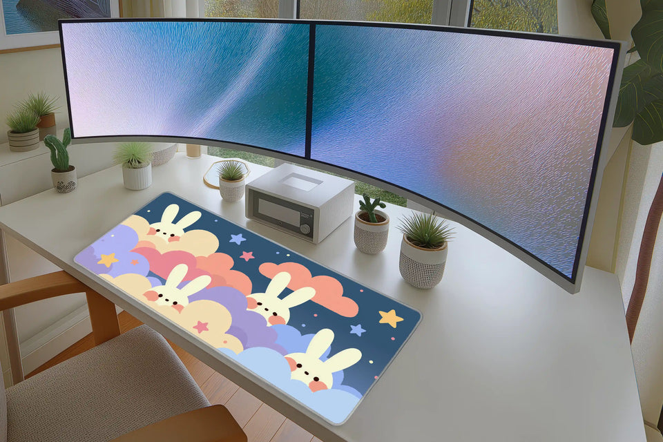 Kawaii Bunny Clouds Pastel Rabbit mouse pad showing stitched edge detail