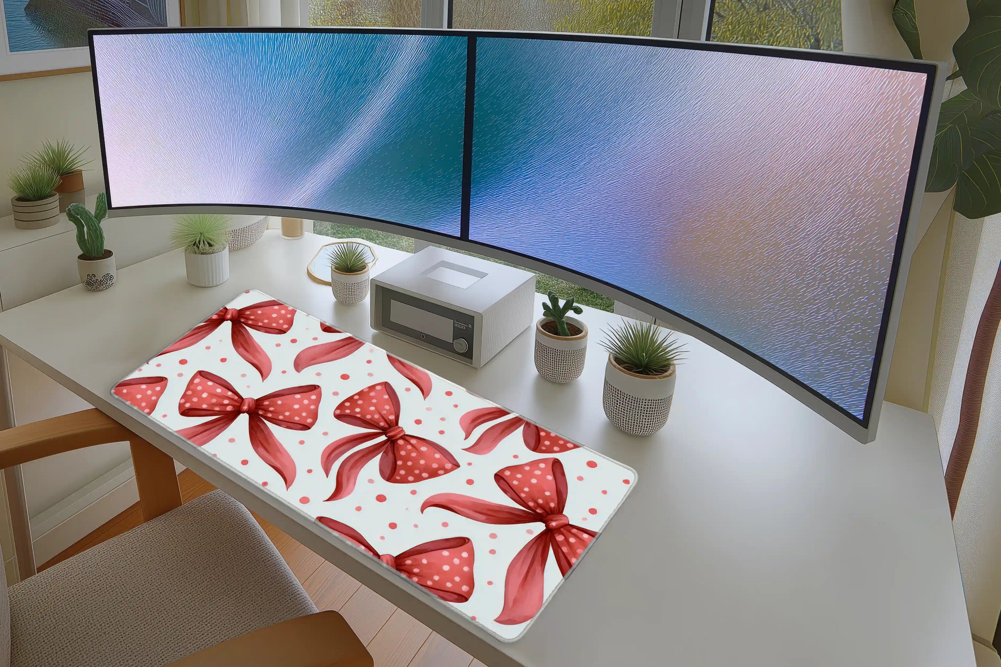 Red Bow Pattern Polka Dot Ribbon mouse pad showing stitched edge detail